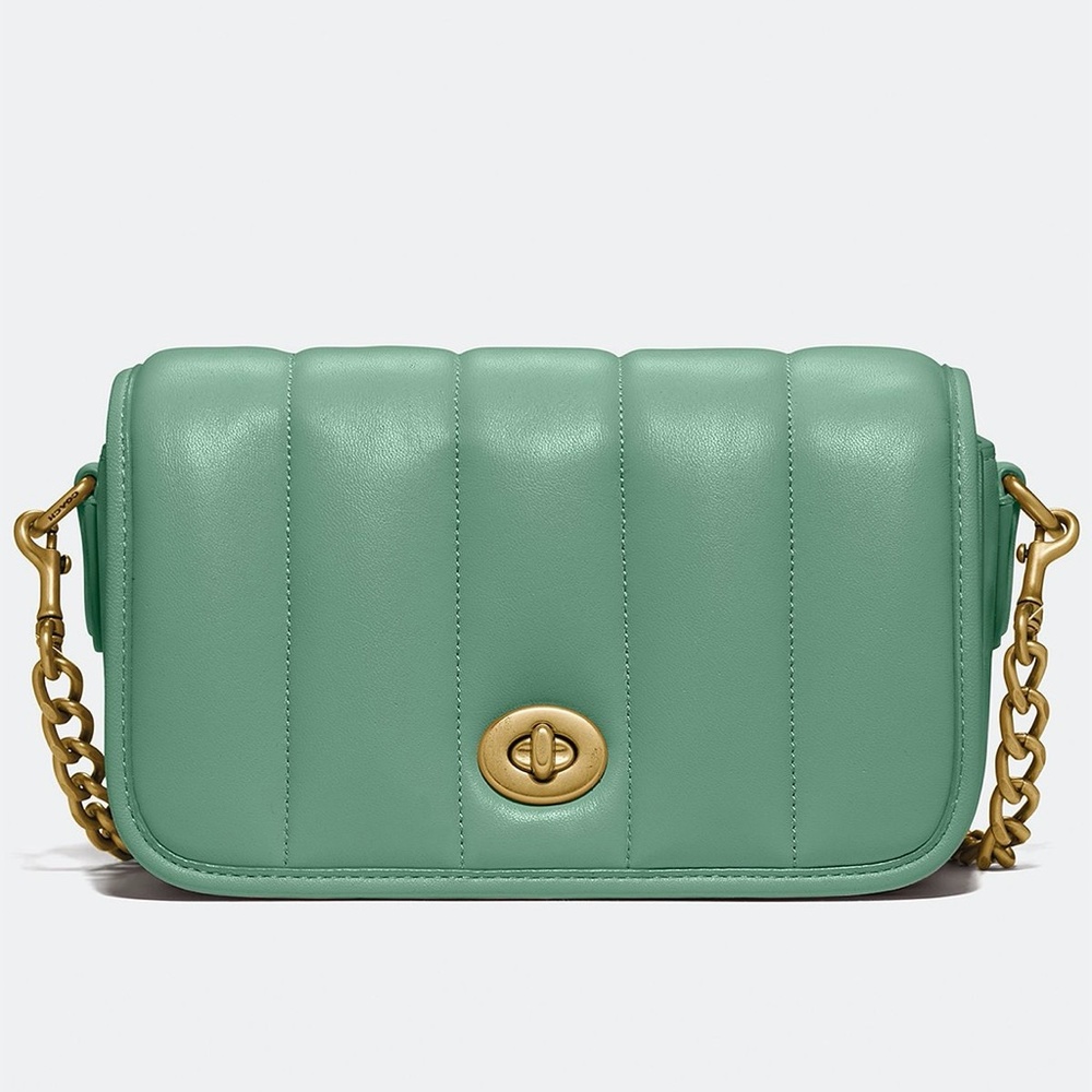 COACH Dinky 18 with Quilting Shoulder Flap Bag in Washed Green Leather